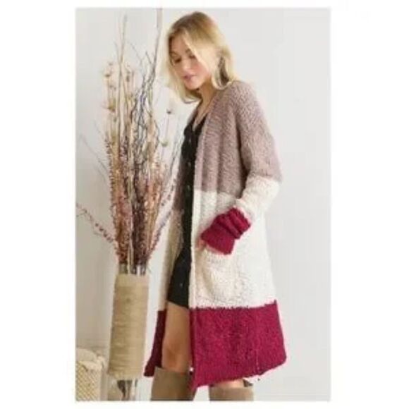 Cardigan Popcorn-Textured Color-Block Wine/Tan/Cream Medium-Large - Picture 4 of 5